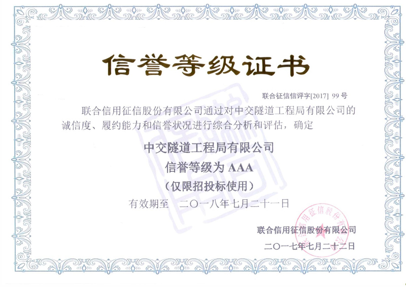 AAA級信用等級證書